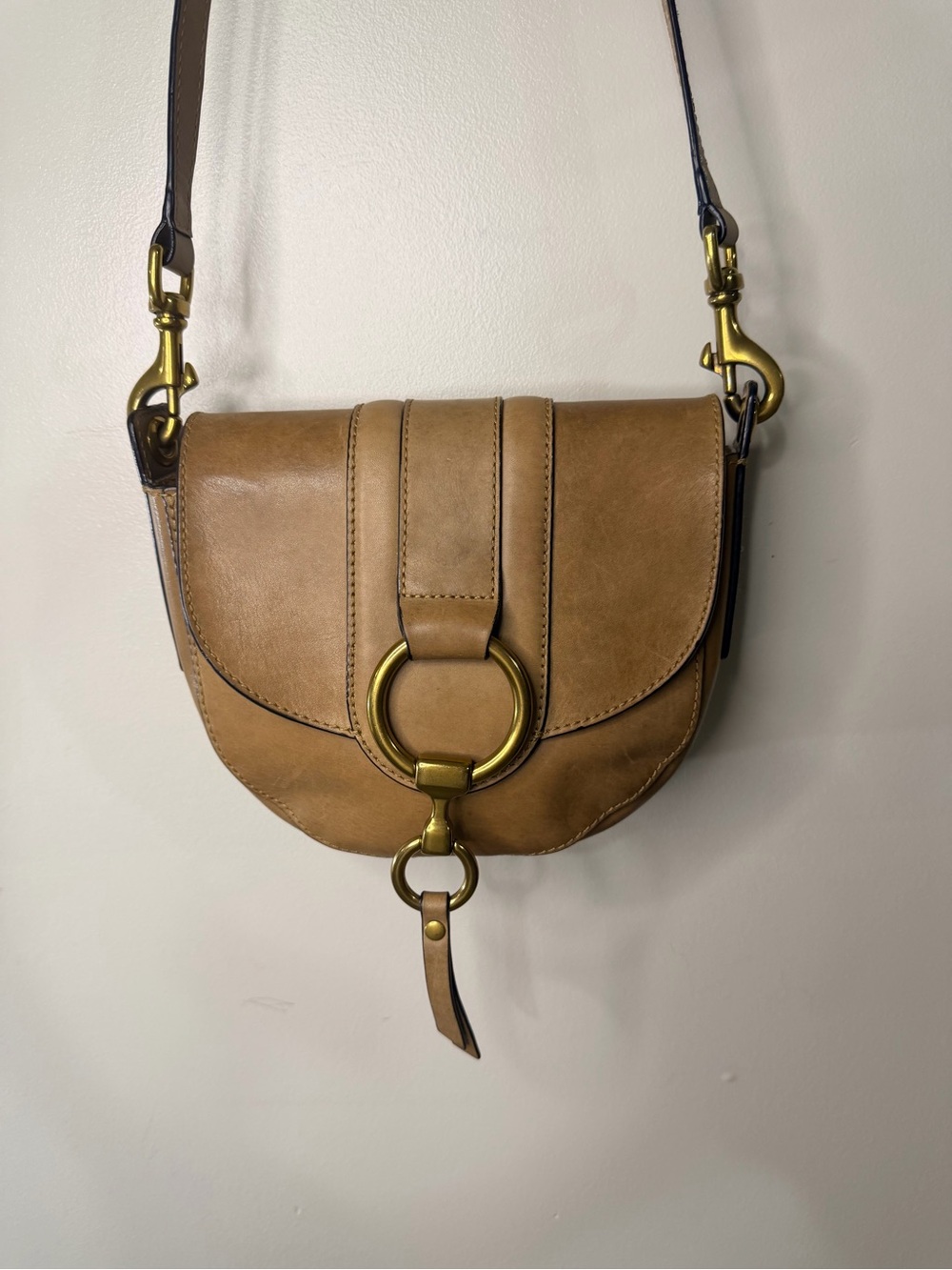 Frye Ilana Harness Sadle Crossbody Bag in a Taupe/Tan Color